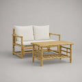 Ensemble d’extérieur 2 pièces en bambou naturel et tissu blanc, canapé 2 places 115 × 65 × 80 cm et table basse 100 × 55 × 45 cm