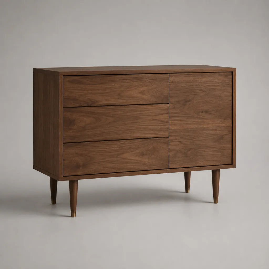 Buffet de rangement en MDF plaqué noyer brun, 3 tiroirs et 1 porte, 120 x 40 x 80 cm