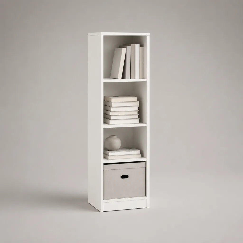 Bibliothèque étroite en panneaux de particules blancs, 4 compartiments, 40 × 30 × 150 cm