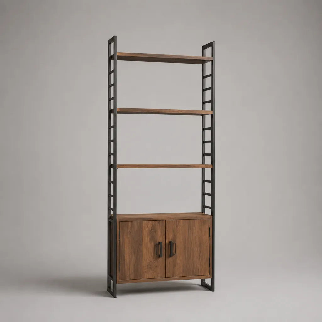 Bibliothèque avec meuble bas, 3 étagères en bois de manguier massif et structure en acier, marron et noir, 80 × 35 × 180 cm