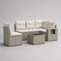 Salon de jardin d’angle 4 places en résine tressée gris clair avec fauteuil, table et coussins écrus, 194 x 194 x 74 cm