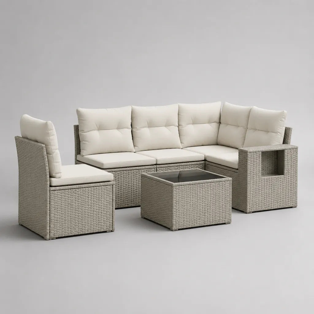 Salon de jardin d’angle 4 places en résine tressée gris clair avec fauteuil, table et coussins écrus, 194 x 194 x 74 cm