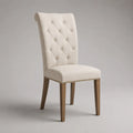 Chaise de salle à manger capitonnée en tissu beige clair avec pieds en bois brun naturel, 47 × 58 × 101 cm
