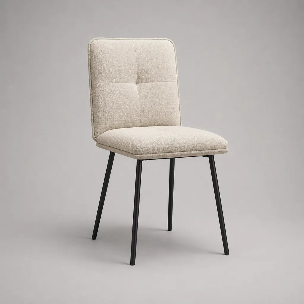 Chaise de salle à manger rembourrée en tissu beige avec pieds en acier noir, 46 × 55 × 86 cm
