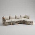 Canapé de jardin d’angle modulable 4 places en corde PP, aluminium, bois et tissu écru et grège, 288 × 152 × 75 cm
