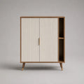 Buffet haut de rangement en bois et métal, ivoire, noyer et laiton, 100 × 40 × 120 cm