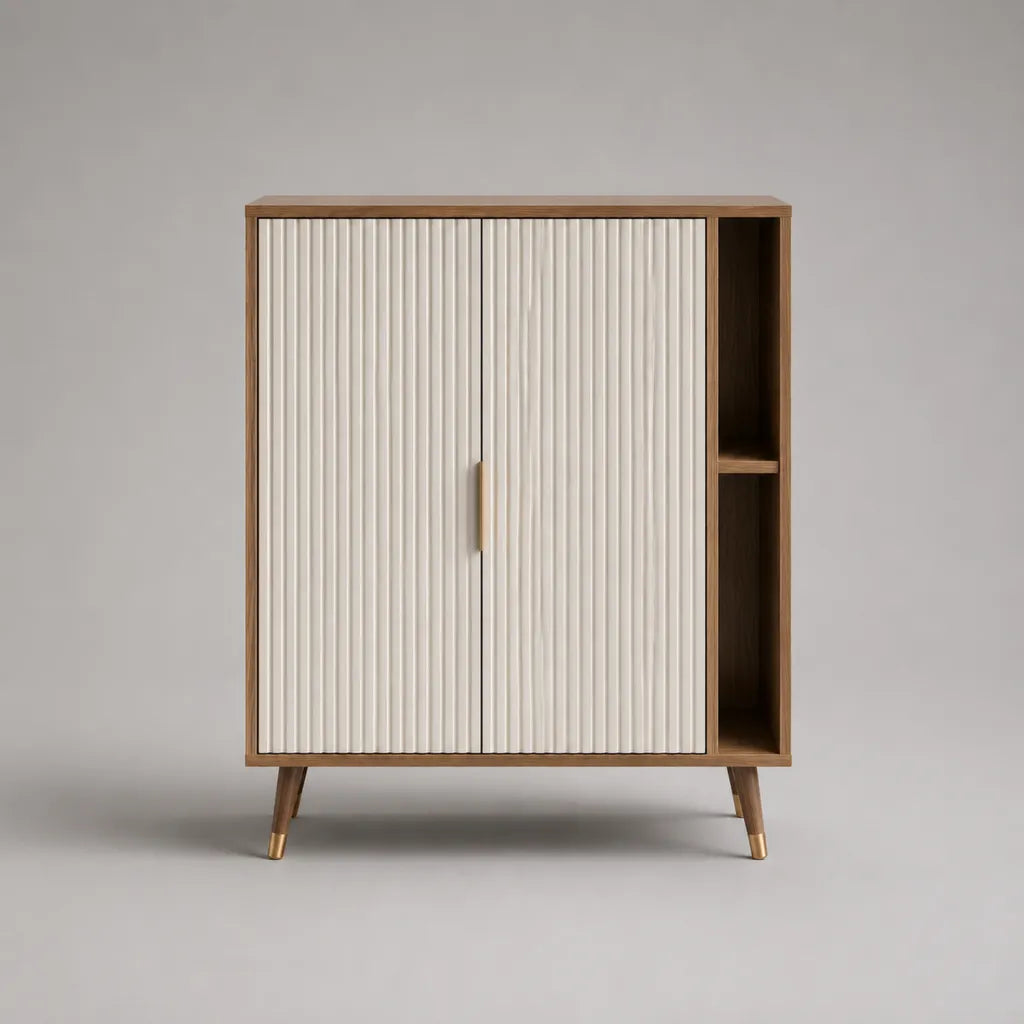 Buffet haut de rangement en bois et métal, ivoire, noyer et laiton, 100 × 40 × 120 cm