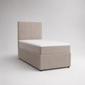 Lit continental 1 place en tissu beige avec tête de lit, matelas et surmatelas, couchage 90 × 200 cm
