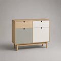 Buffet rectangulaire en MDF plaqué chêne avec 2 portes et 2 tiroirs, chêne naturel, blanc et gris, 100 × 40 × 90 cm