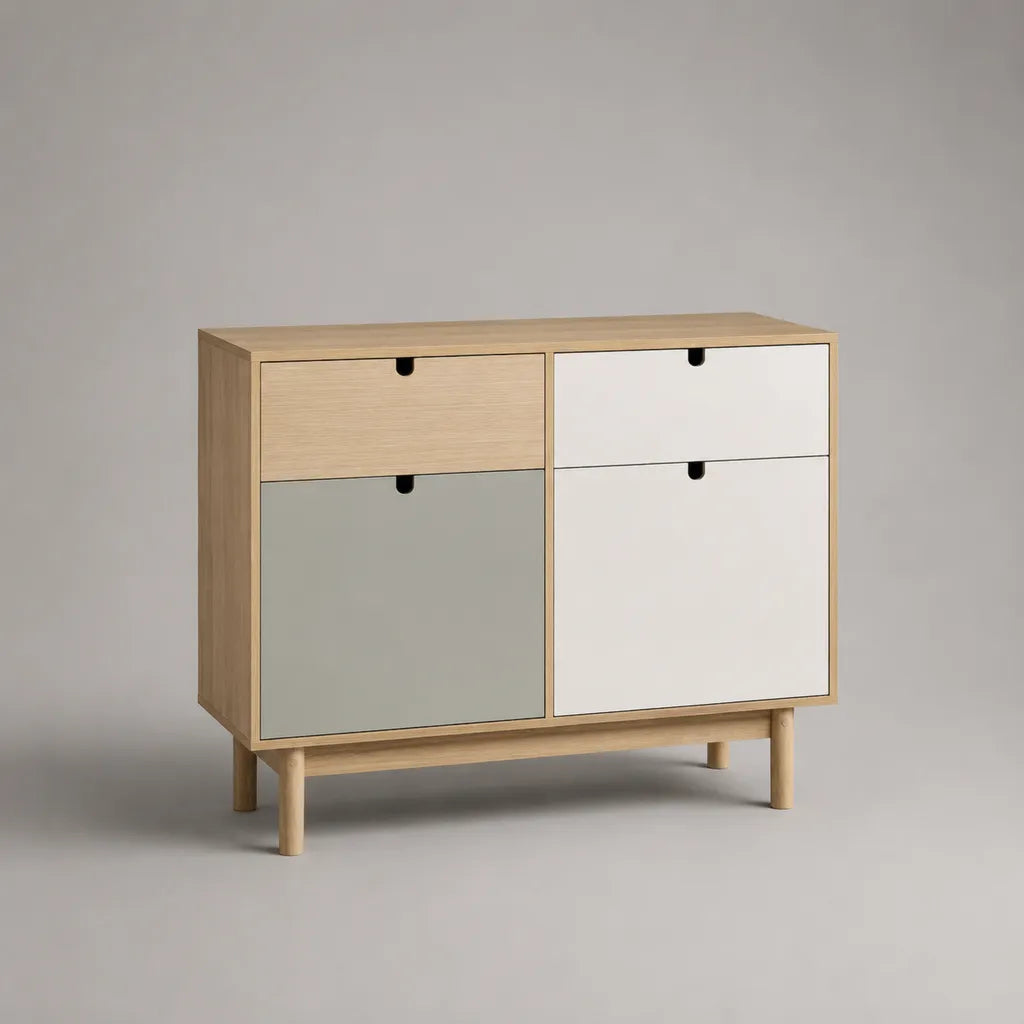 Buffet rectangulaire en MDF plaqué chêne avec 2 portes et 2 tiroirs, chêne naturel, blanc et gris, 100 × 40 × 90 cm