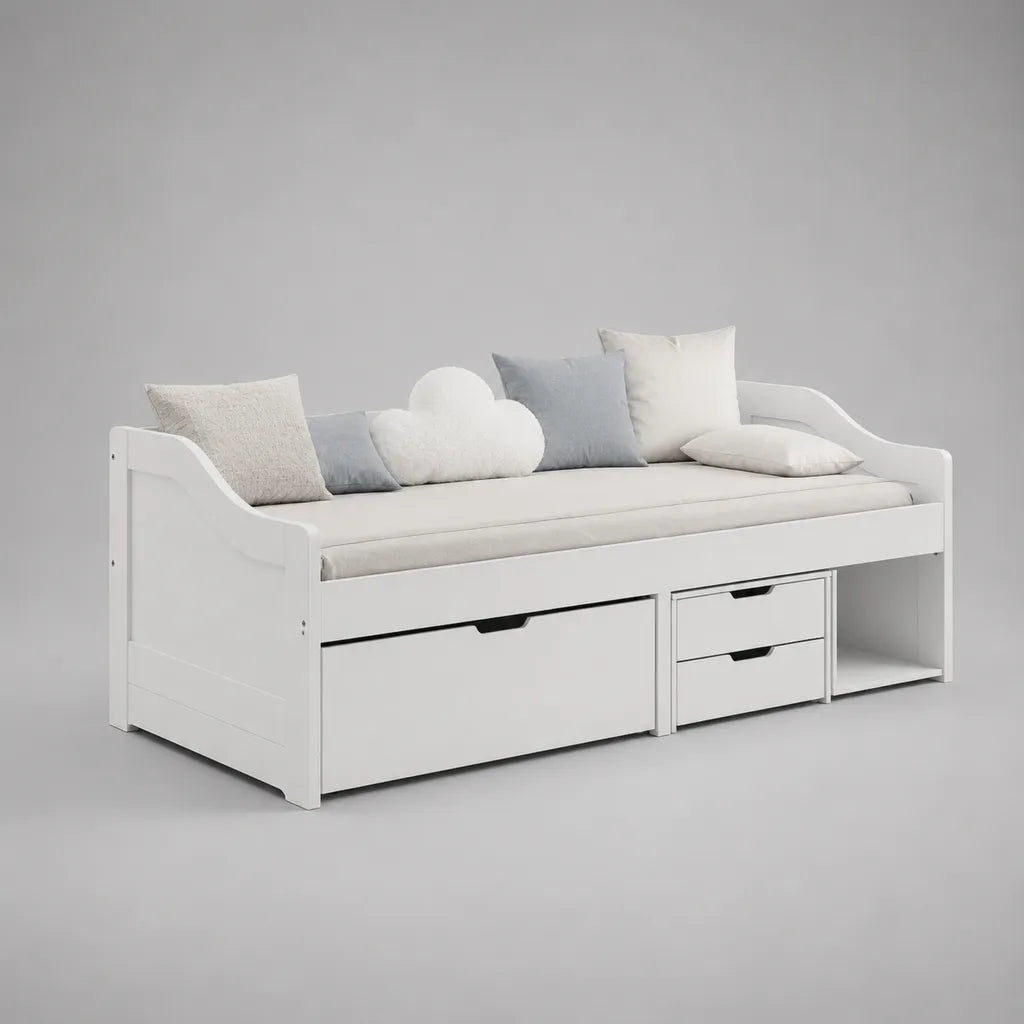 Lit banquette 1 place en MDF blanc avec 3 tiroirs et niche, couchage 90 × 200 cm, dimensions 205 × 96 × 80 cm