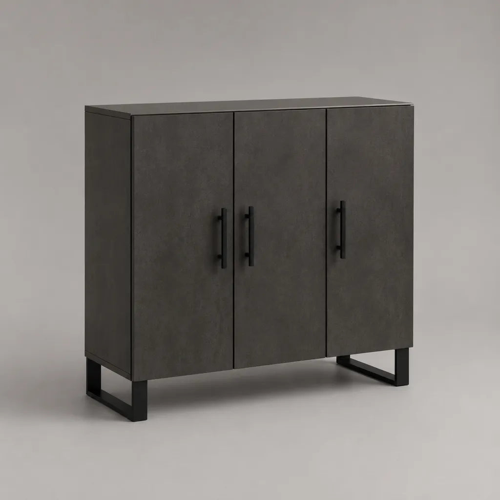 Buffet haut 3 portes en panneaux de particules mélaminés effet béton gris anthracite et métal noir, 120 x 40 x 110 cm