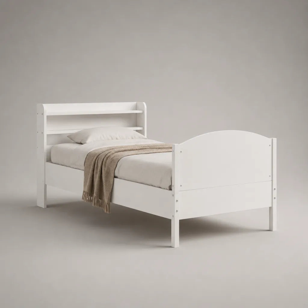 Cadre de lit 1 place 90 × 190 cm en MDF blanc avec tête de lit à 2 étagères