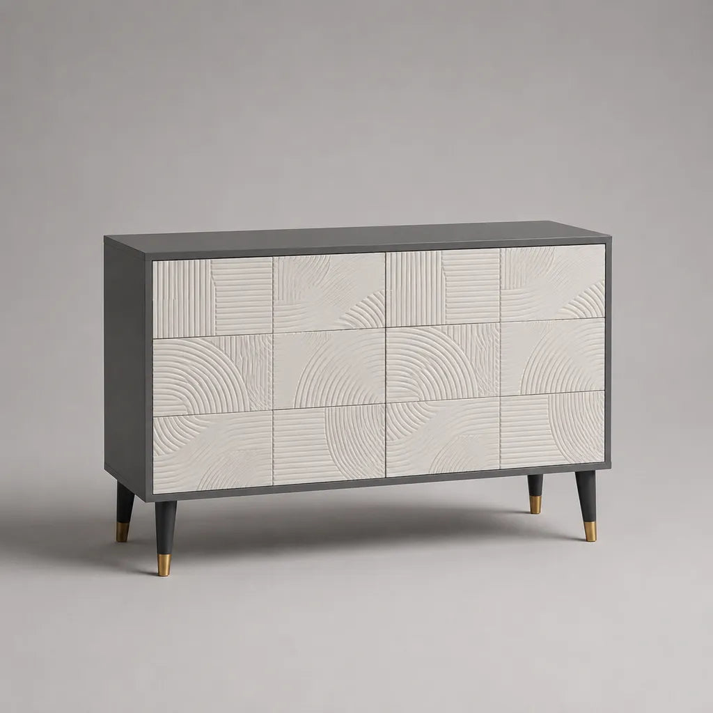 Buffet de rangement rectangulaire à 3 portes en MDF, gris foncé, blanc et laiton, 120 × 40 × 80 cm