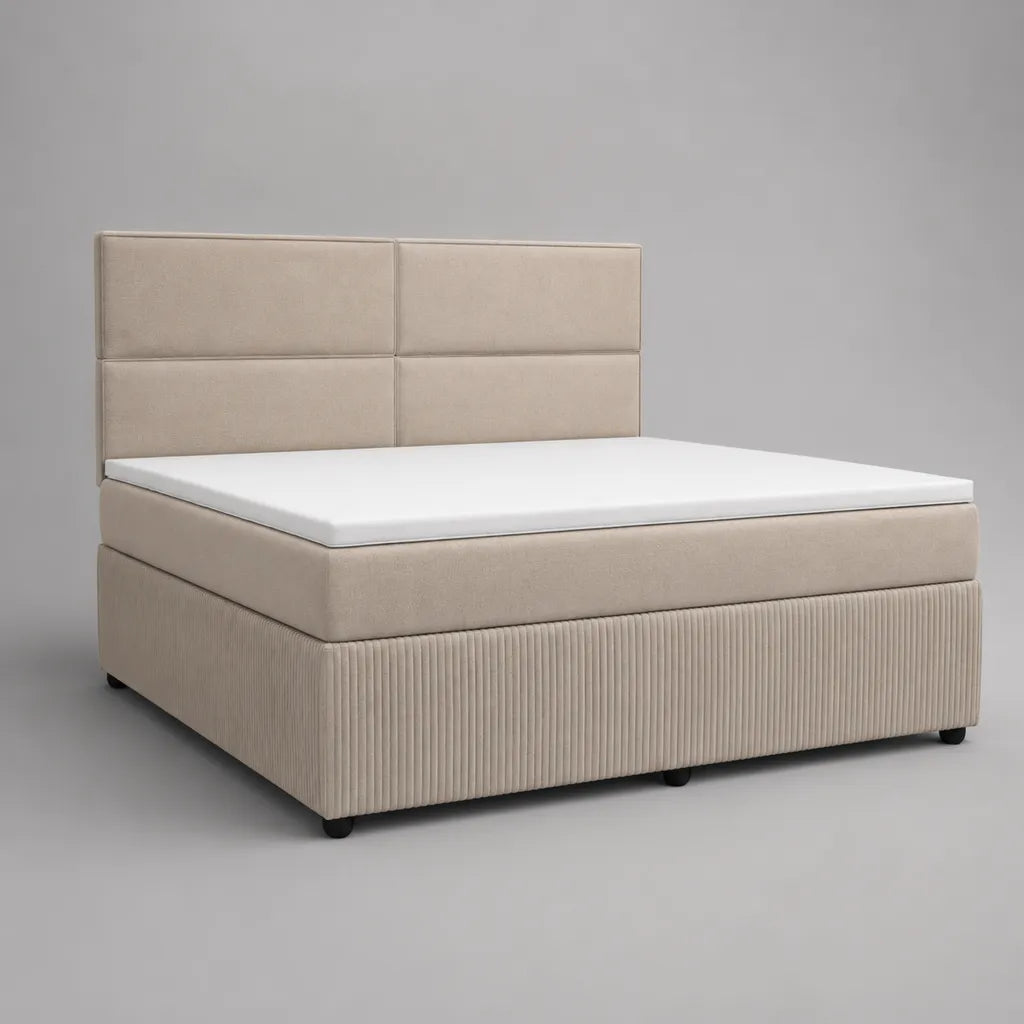 Lit double continental rembourré en velours polyester côtelé beige avec matelas et surmatelas, 170 × 210 × 120 cm, couchage 160 × 200 cm