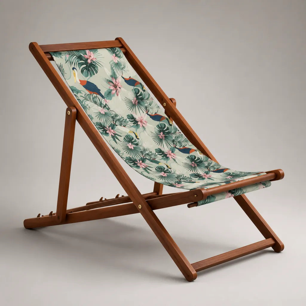 Transat pliant réglable en bois et toile, motif tropical brun et vert, 98 × 58 × 90 cm