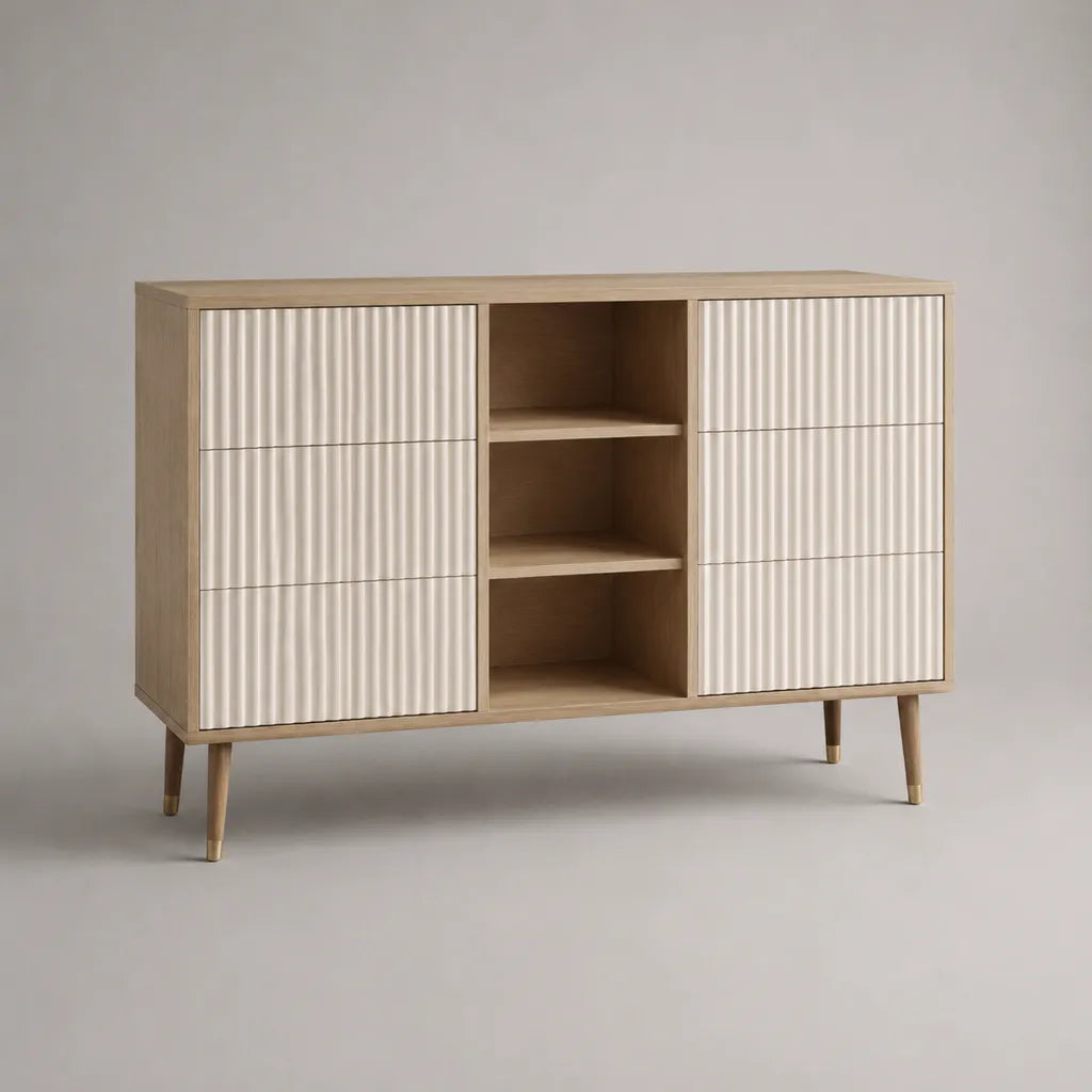 Buffet de rangement en MDF décor chêne avec 6 tiroirs et 3 niches, beige et blanc, 120 × 40 × 90 cm