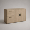 Buffet de rangement rectangulaire en panneaux de particules, 2 portes et 2 tiroirs, chêne clair et noir, 120 × 40 × 80 cm