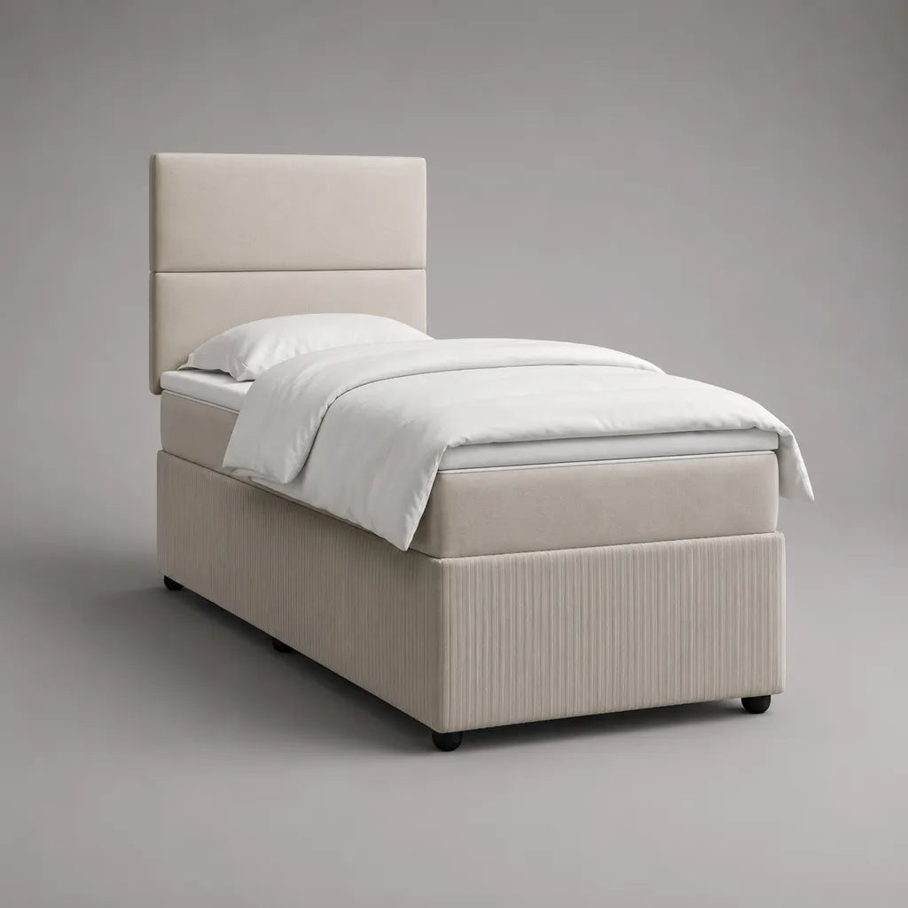 Lit simple rembourré en tissu beige 90 x 190 cm avec tête de lit, sommier à lattes, matelas et linge de lit, 203 x 98 x 120 cm