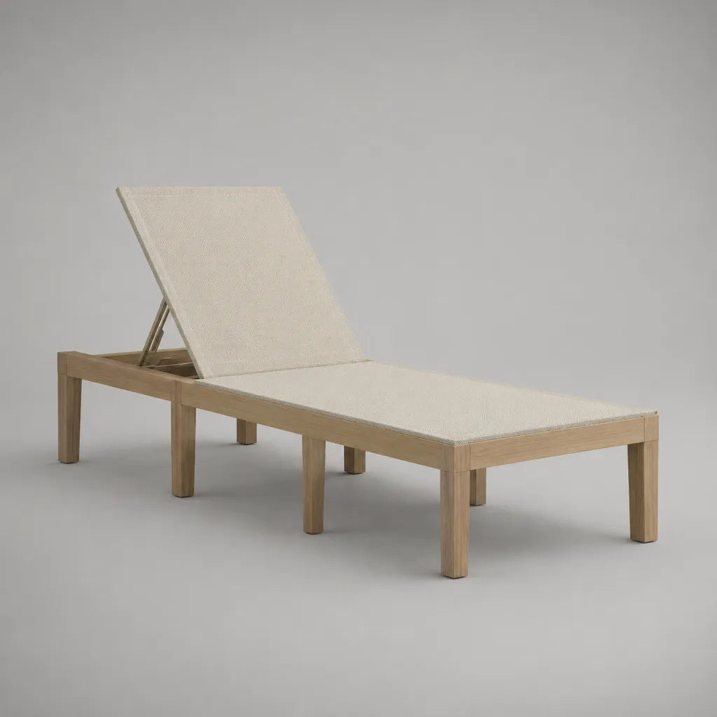 Bain de soleil de jardin réglable en bois avec coussins en tissu écru, 200 × 70 × 35 cm