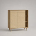 Buffet haut à 2 portes en MDF plaqué frêne et cannage en rotin, 3 niches, 100 × 40 × 120 cm, bois naturel et beige