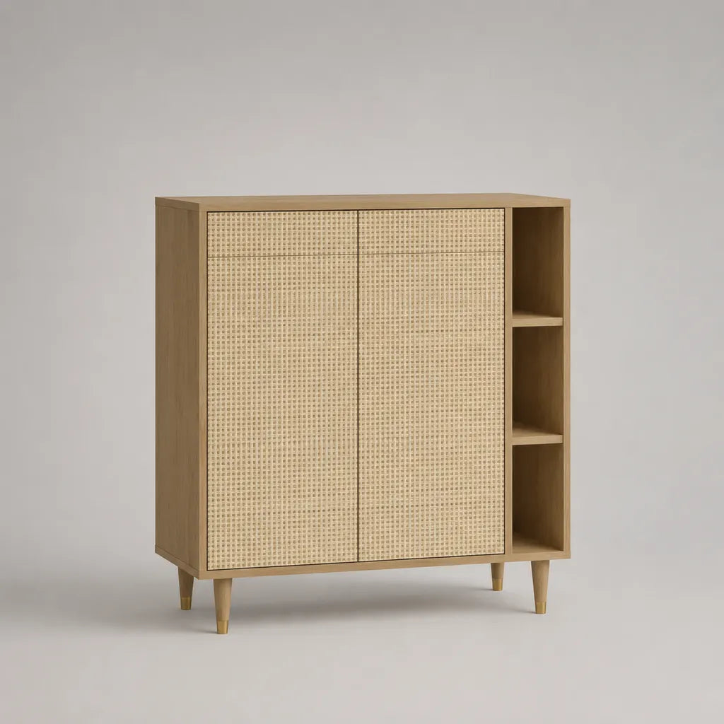 Buffet haut à 2 portes en MDF plaqué frêne et cannage en rotin, 3 niches, 100 × 40 × 120 cm, bois naturel et beige