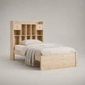 Lit simple en pin massif naturel 90 × 190 cm avec tête de lit bibliothèque, 10 niches et 2 tiroirs