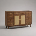 Buffet de rangement en MDF plaqué noyer et cannage en rotin, 10 tiroirs et 2 portes, marron noyer, naturel et laiton, 150 × 40 × 90 cm