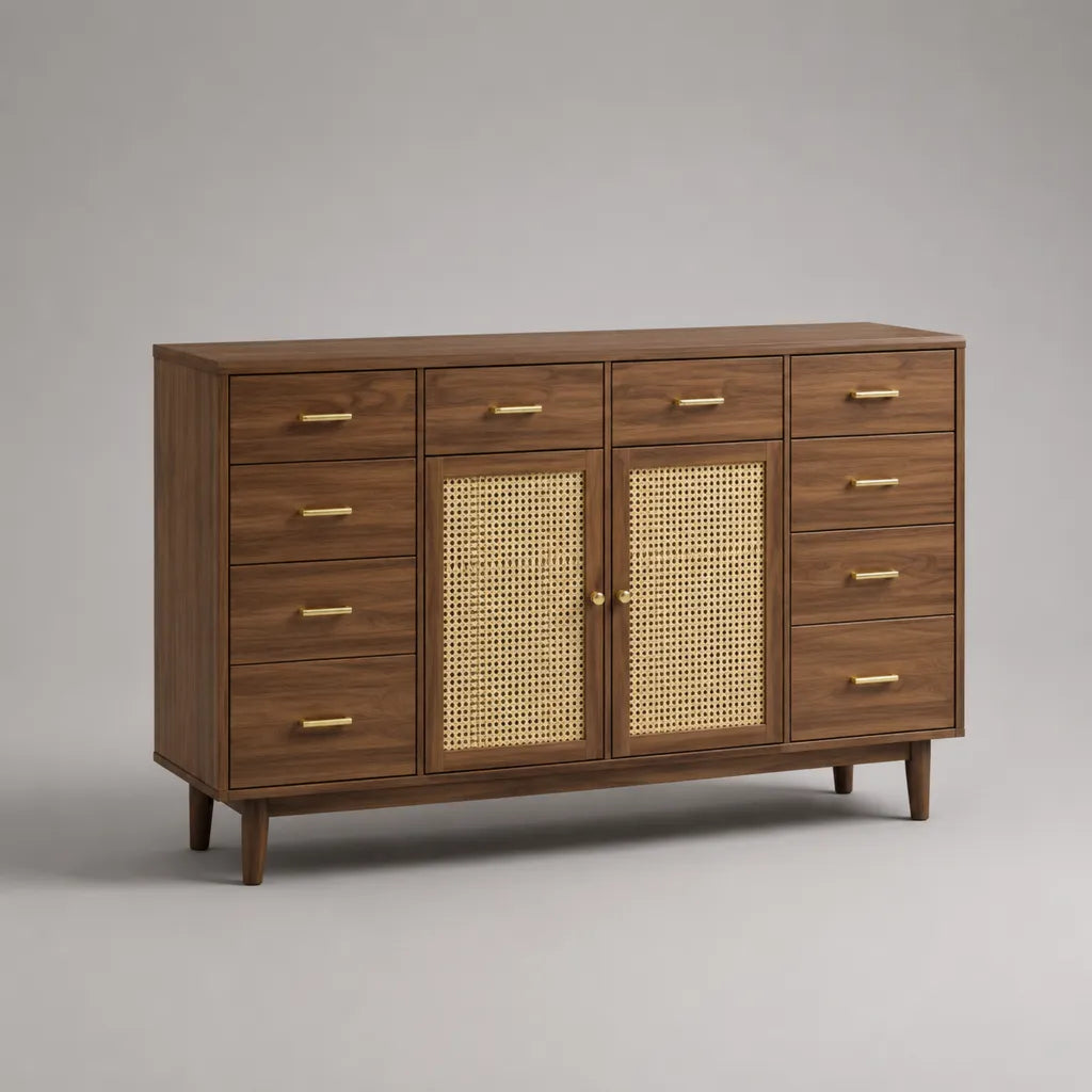 Buffet de rangement en MDF plaqué noyer et cannage en rotin, 10 tiroirs et 2 portes, marron noyer, naturel et laiton, 150 × 40 × 90 cm