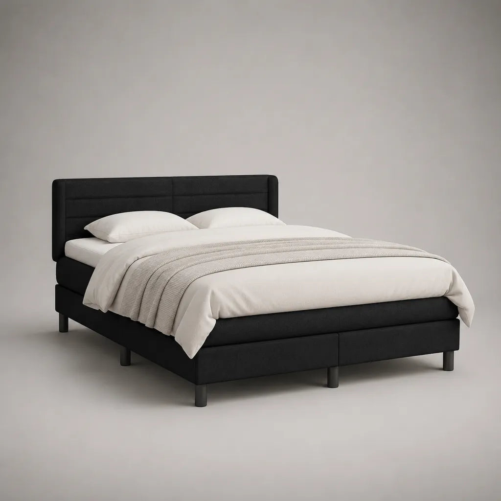 Lit double rembourré en polyester noir, couchage 160 × 200 cm, dimensions 169 × 212 × 112 cm