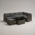 Salon de jardin d’angle 7 places en résine tressée et acier, gris anthracite et gris foncé, canapé 255 × 190 × 74 cm avec table relevable et pouf