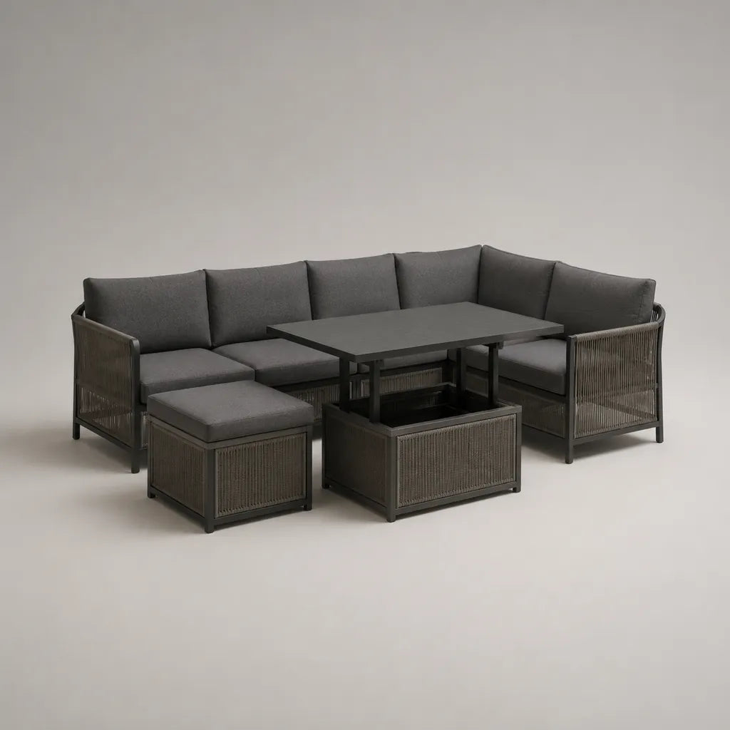 Salon de jardin d’angle 7 places en résine tressée et acier, gris anthracite et gris foncé, canapé 255 × 190 × 74 cm avec table relevable et pouf