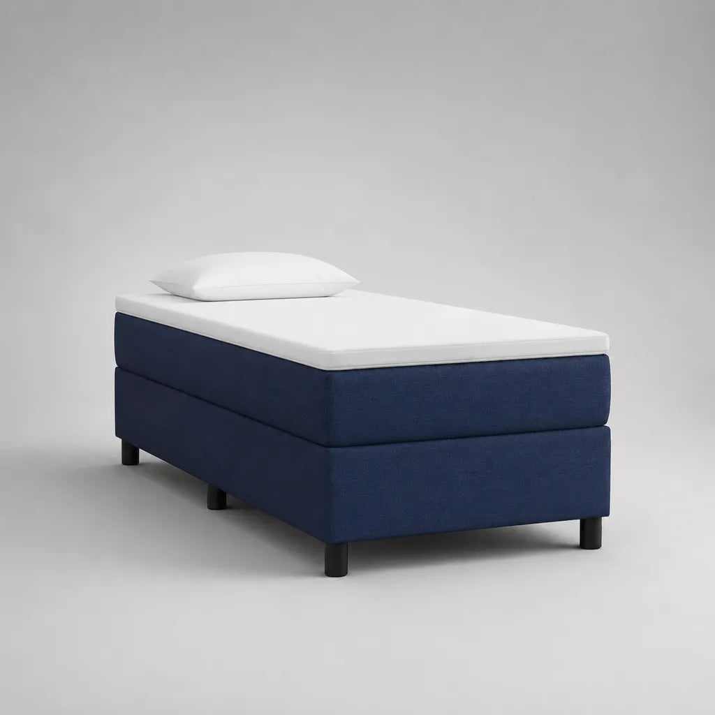 Lit continental 1 place en tissu avec matelas et surmatelas, bleu marine et blanc, 90 × 200 cm