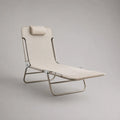 Bain de soleil pliant en polyester et acier, beige et gris taupe, dossier réglable et appui-tête, 178 × 58 × 79 cm