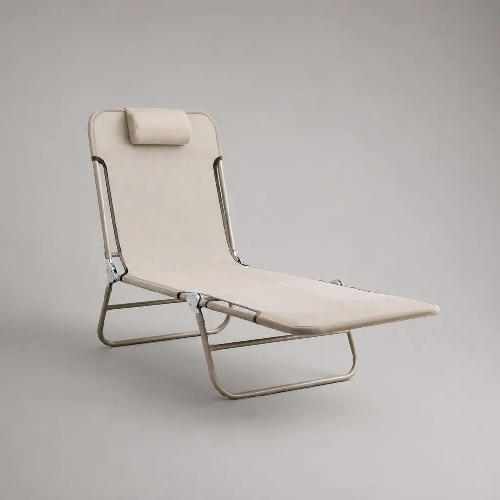 Bain de soleil pliant en polyester et acier, beige et gris taupe, dossier réglable et appui-tête, 178 × 58 × 79 cm