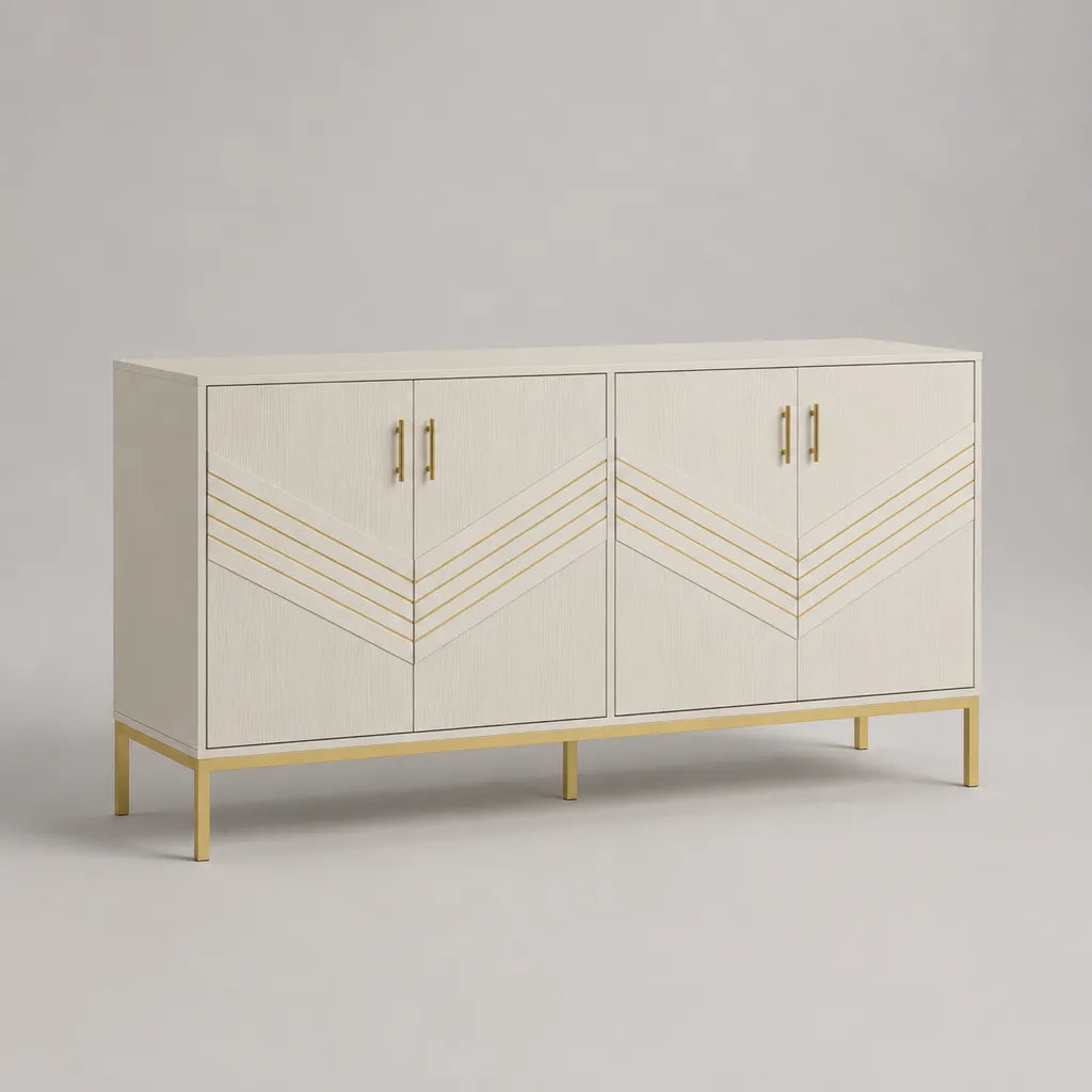 Buffet de rangement à 4 portes en MDF et acier, blanc cassé et doré, 160 × 40 × 85 cm