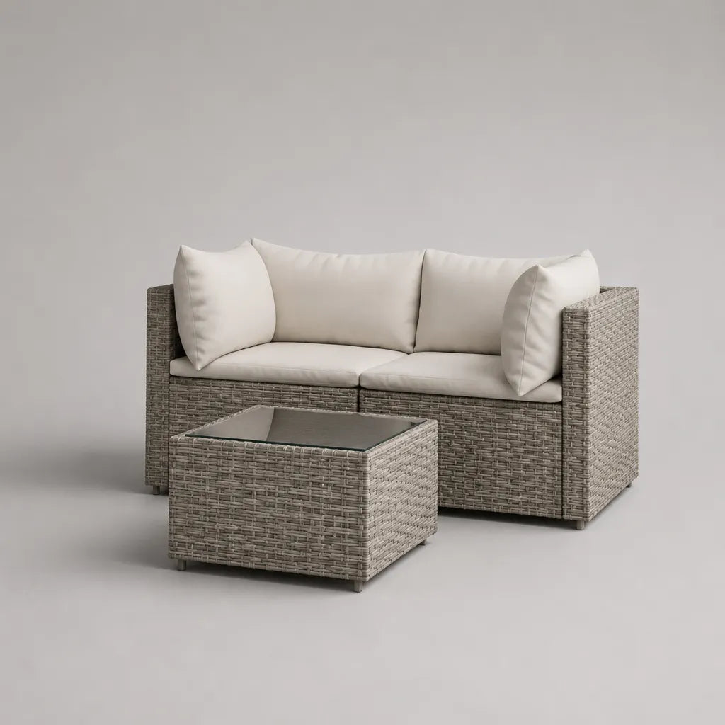 Salon de jardin 2 pièces avec canapé 2 places 137 x 70 x 64 cm et table basse 60 x 60 x 35 cm en résine tressée gris taupe et tissu écru