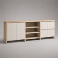 Buffet bas rectangulaire en panneaux de particules, chêne clair et blanc, 180 × 40 × 75 cm, 2 portes, 4 tiroirs et 3 niches