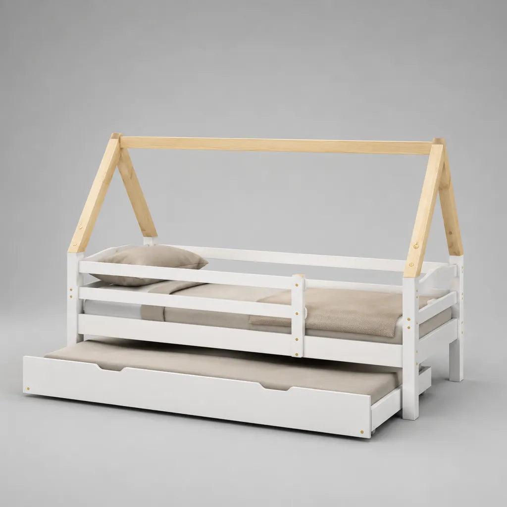 Lit cabane enfant avec lit gigogne, couchages 90 x 200 cm et 90 x 190 cm, pin massif blanc et naturel