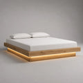 Lit plateforme 2 places en bois et panneaux MDF avec éclairage LED, chêne naturel, couchage 160 × 200 cm
