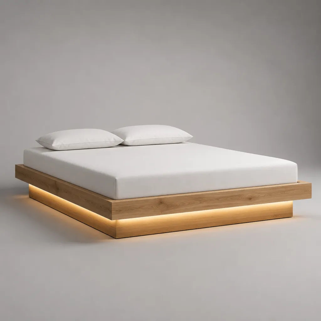 Lit plateforme 2 places en bois et panneaux MDF avec éclairage LED, chêne naturel, couchage 160 × 200 cm