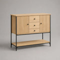 Buffet haut 2 portes et 3 tiroirs en MDF plaqué chêne et acier noir, 100 × 40 × 100 cm