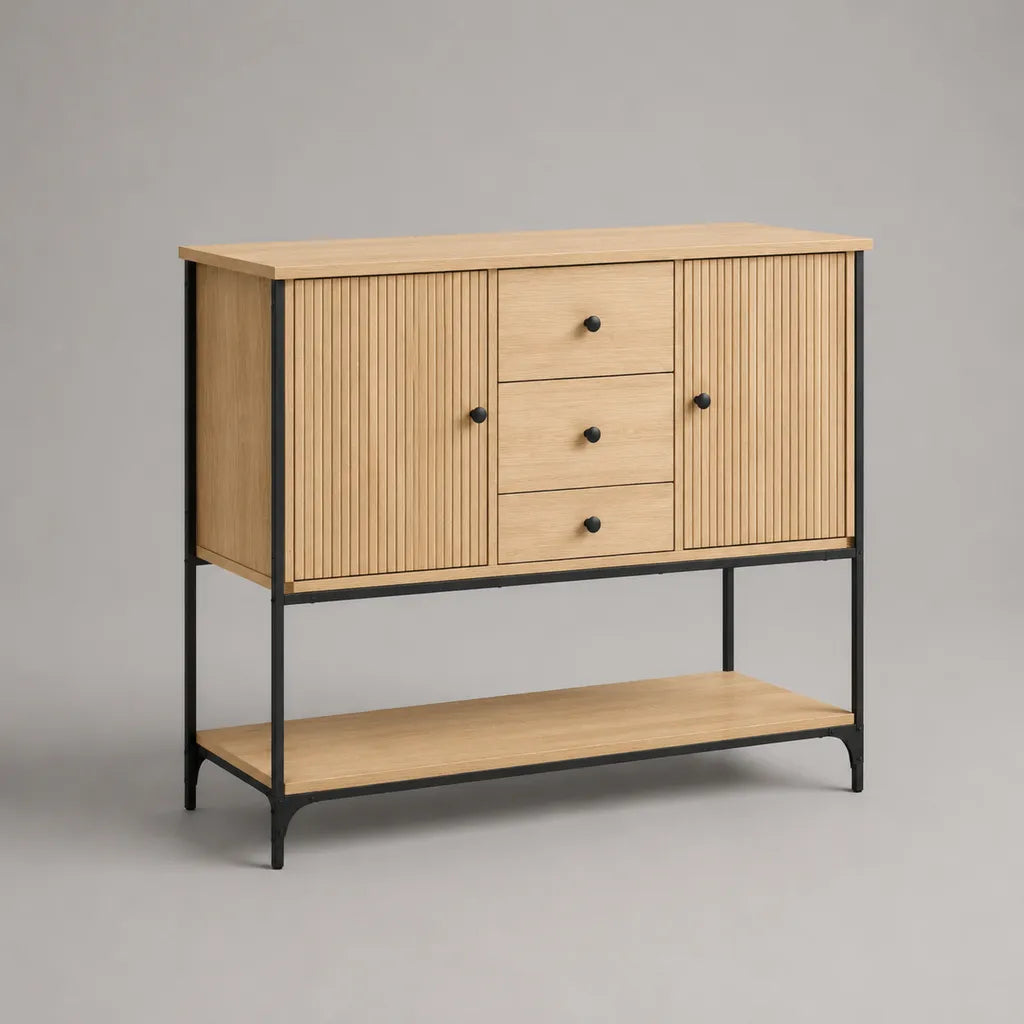 Buffet haut 2 portes et 3 tiroirs en MDF plaqué chêne et acier noir, 100 × 40 × 100 cm