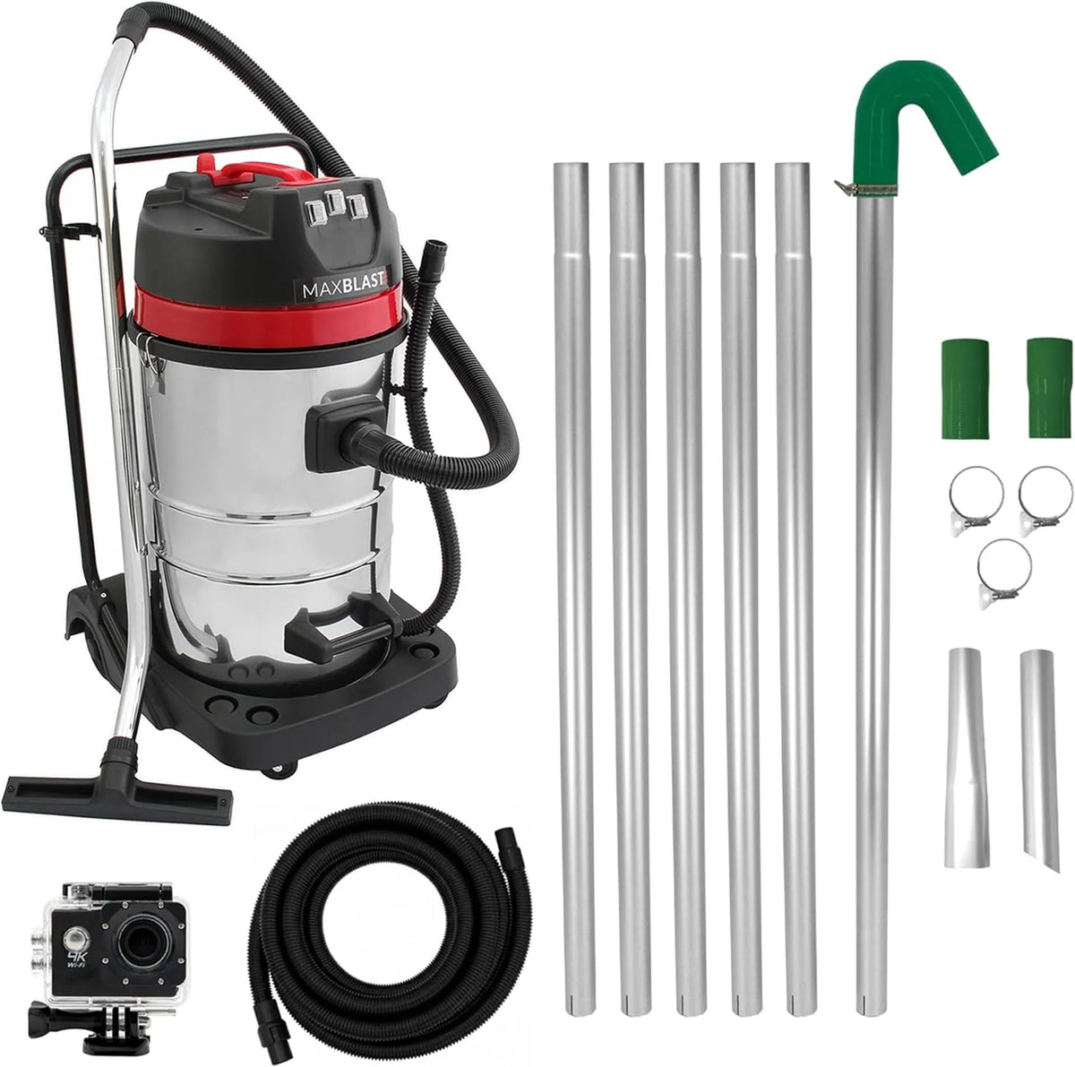 Nat- en droogzuiger met 80L, 3000 W en aluminium, Dakgootreiniging 80L nat- en droogzuiger 7,3m