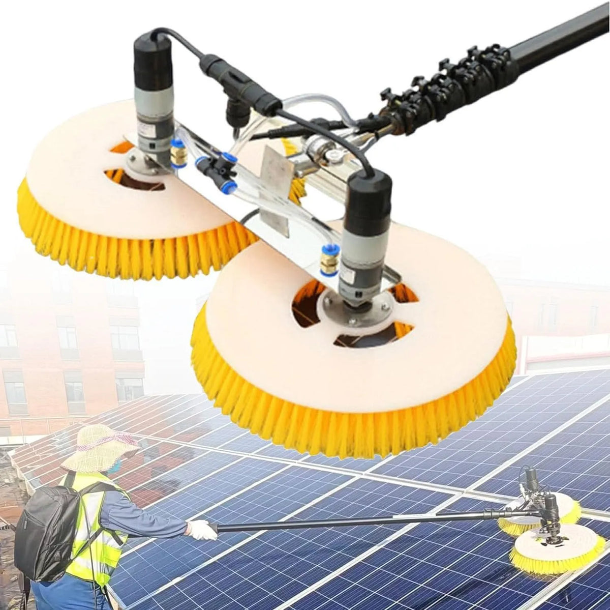 Zonne-reinigingsborstel, watergevoede poolborstel voor zonnepanelen met verlengstang