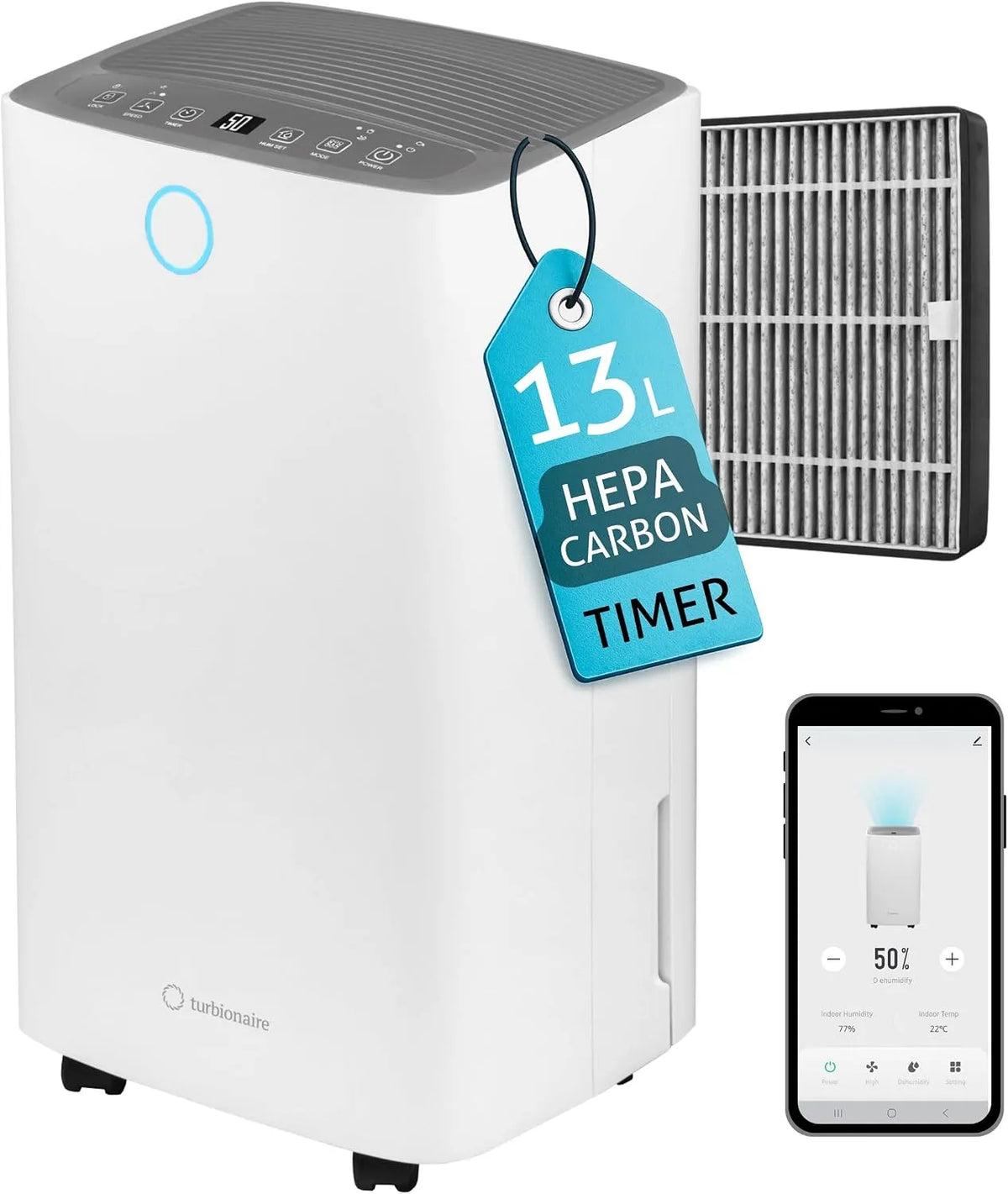Luchtontvochtiger, WIFI, Timer, 13L/24u, T-Clean HEPA + Koolstoffilter, geluidsarm 36 dB, 2 L Reservoir, 120 m3/u, Ontvochtiger en Luchtreiniger