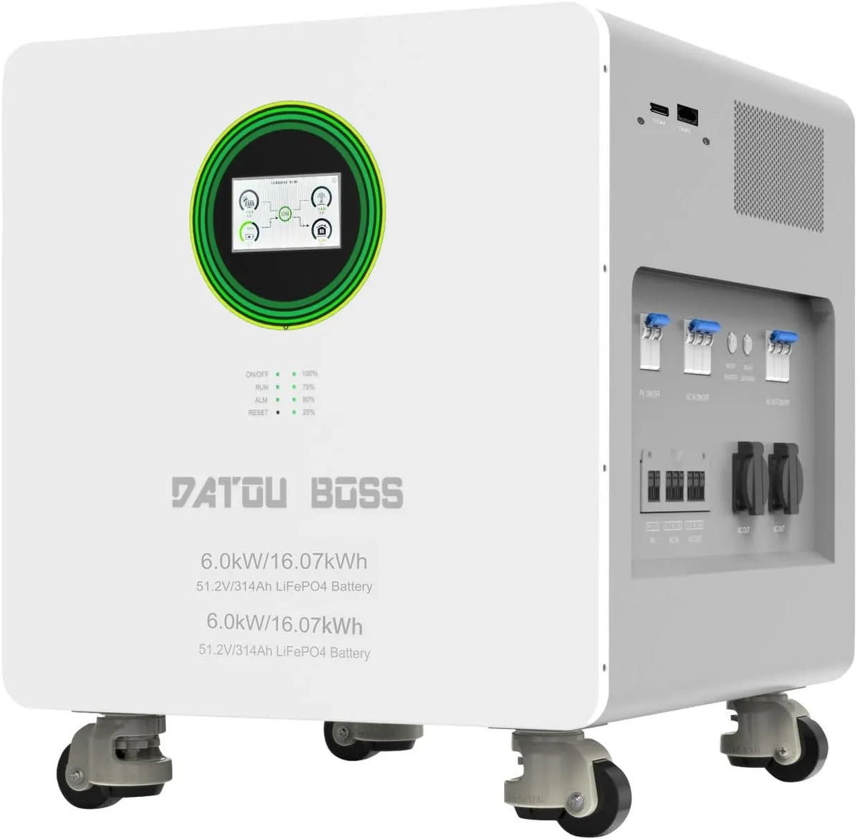 Spanningsomvormer, DATOUBOSS 16,07 kWh LiFePO4 accu-opslagsysteem, 48 V 314 Ah accu met 6000 W hybride omvormer, 9000 W PV-ingang, all-in-one