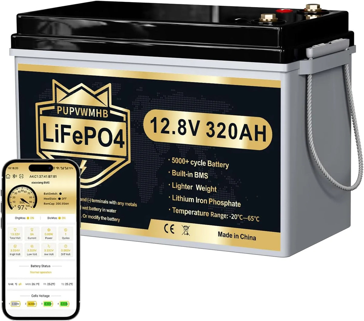 12 V, LiFePO4 12 V 320 Ah met Bluetooth BMS 200 A batterij tot 15000 cycli max 4096 Wh lage temperatuurbeveiliging Deep Cycle compact design camper
