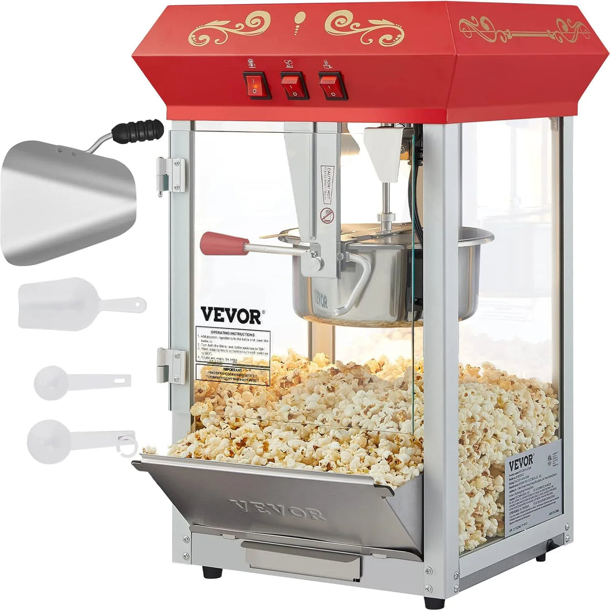 Waterkoker met stalen frame en deuren van gehard glas, 2 lepels, 850 W waterkoker voor 48 kopjes, 1 maatbeker en rood, theaterstijl