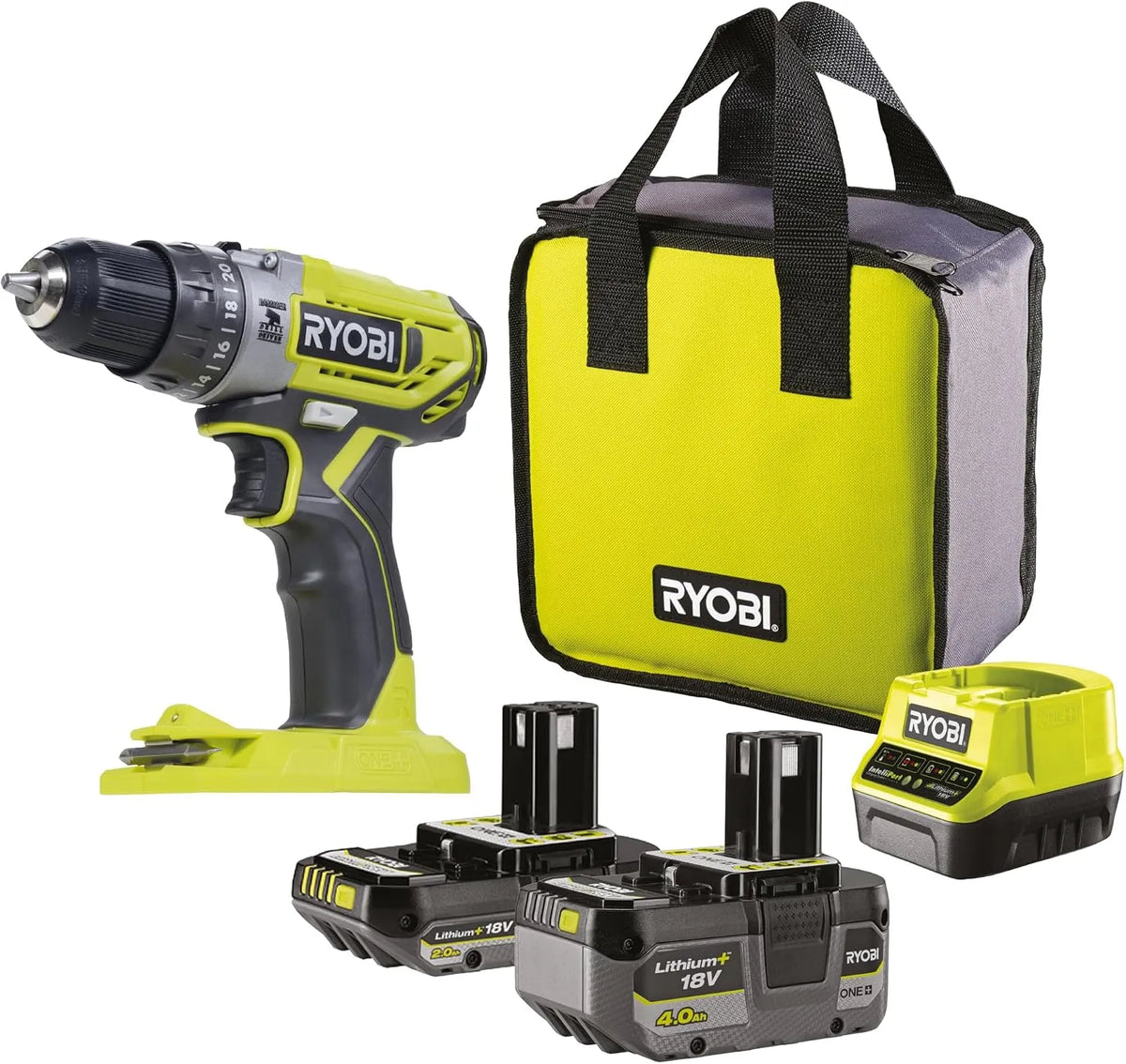 Lader, 18 V, draaimomentstanden 24, boorkop 10 mm, max. koppel 40 Nm, incl. 1 x 4,0 Ah & 1 x 2,0 Ah & oplader in, RYOBI 18 R18PD2-242S